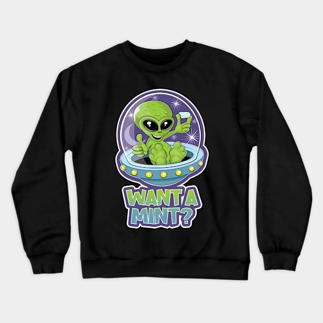 Cute alien in a flying saucer offering mints design Crewneck Sweatshirt by RobiMerch